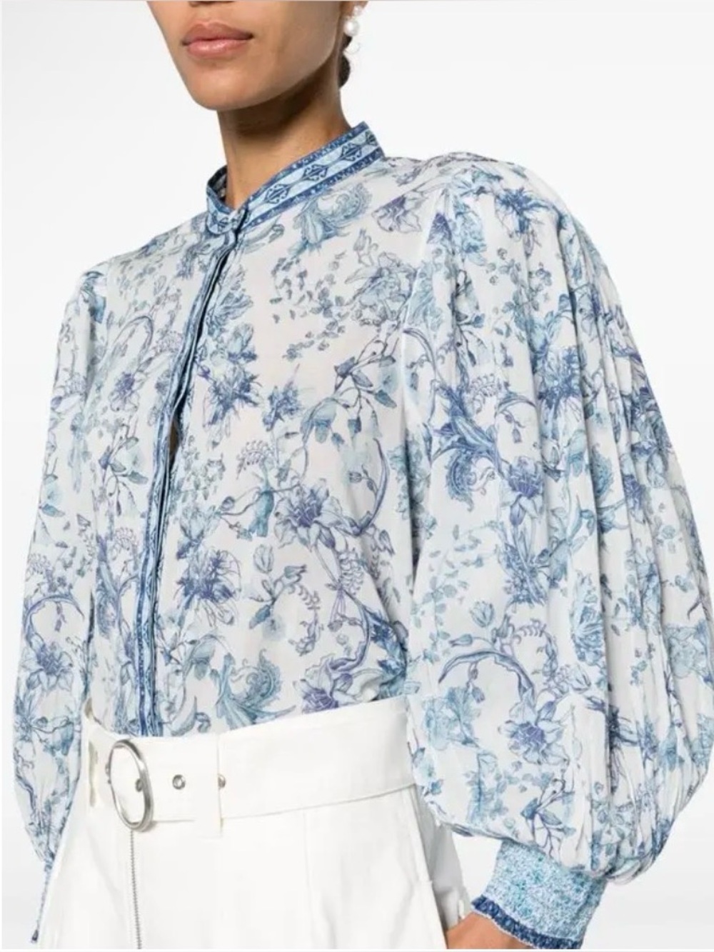 Alice + Olivia April White and Blue Floral Split-Neck Blouse